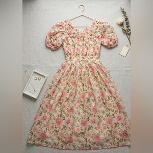 Floral Pink Midi Dress with Puff Sleeves